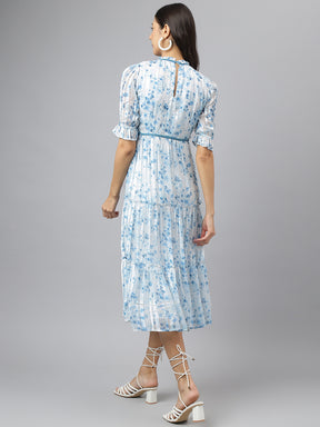 Blue Ruffle Neck Fit & Flare Casual Dress