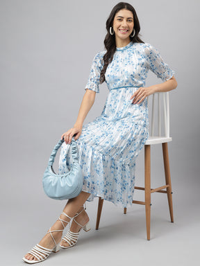 Blue Ruffle Neck Fit & Flare Casual Dress