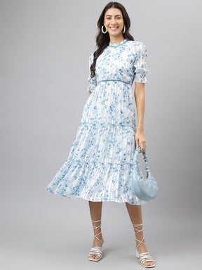 Blue Ruffle Neck Fit & Flare Casual Dress