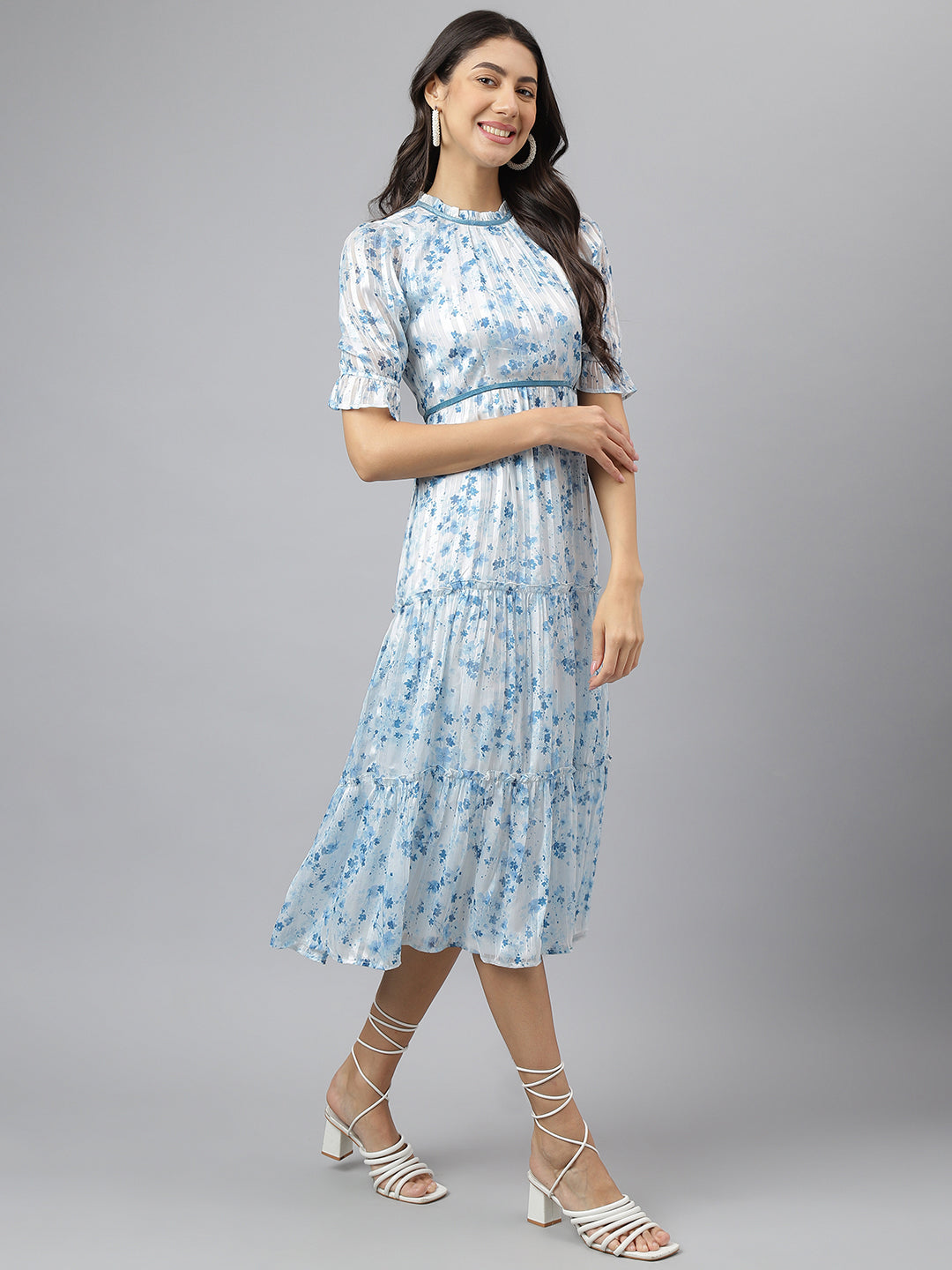 Blue Ruffle Neck Fit & Flare Casual Dress