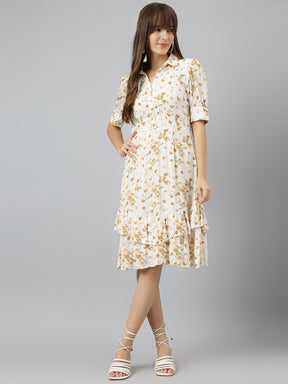 Yellow Shirt Collar Short Sleeves A Line Knee Length Dress For Casual Wear