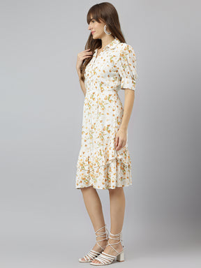 Yellow Shirt Collar Short Sleeves A Line Knee Length Dress For Casual Wear