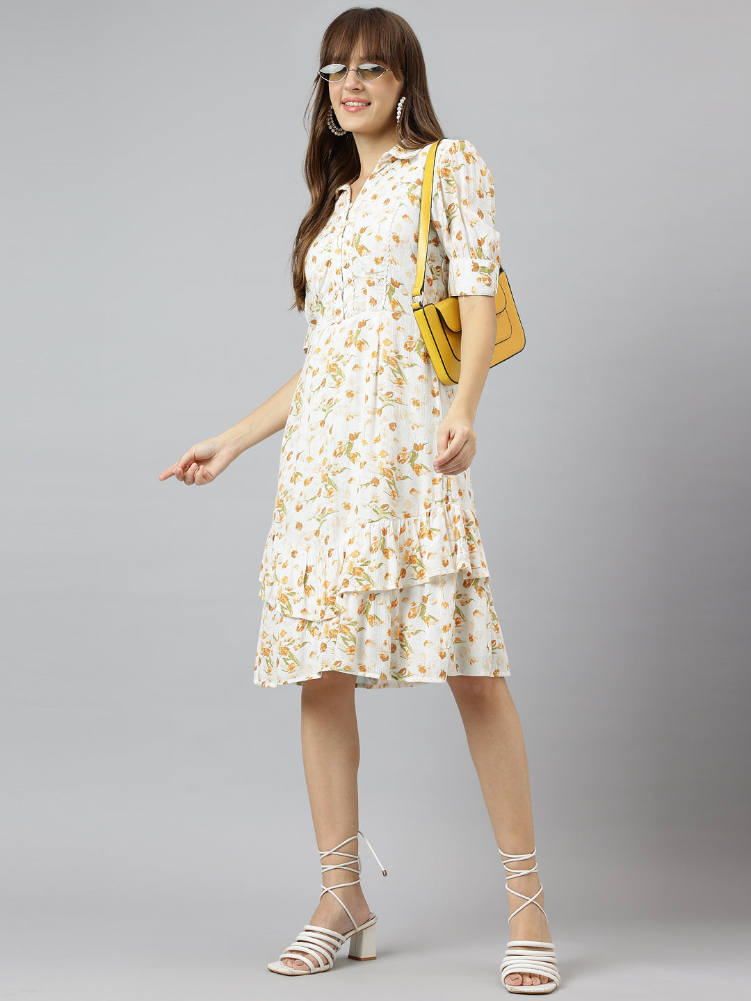 Yellow Shirt Collar Short Sleeves A Line Knee Length Dress For Casual Wear