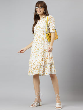 Yellow Shirt Collar Short Sleeves A Line Knee Length Dress For Casual Wear