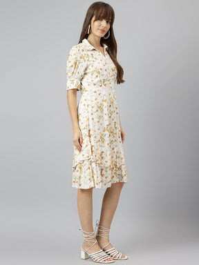 Yellow Shirt Collar Short Sleeves A Line Knee Length Dress For Casual Wear