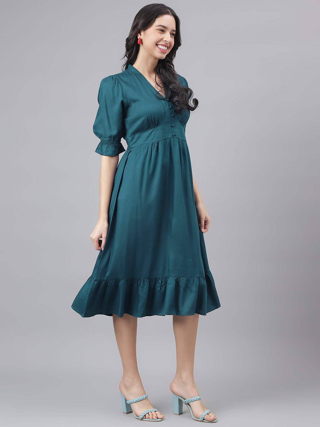 Blue Half Sleeve V-Neck Women A-Line Dress