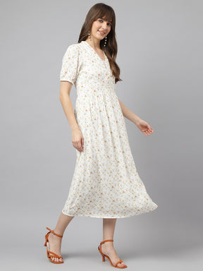 Green V-Neck Half Sleeves Printed A-Line Dress For Casual Wear