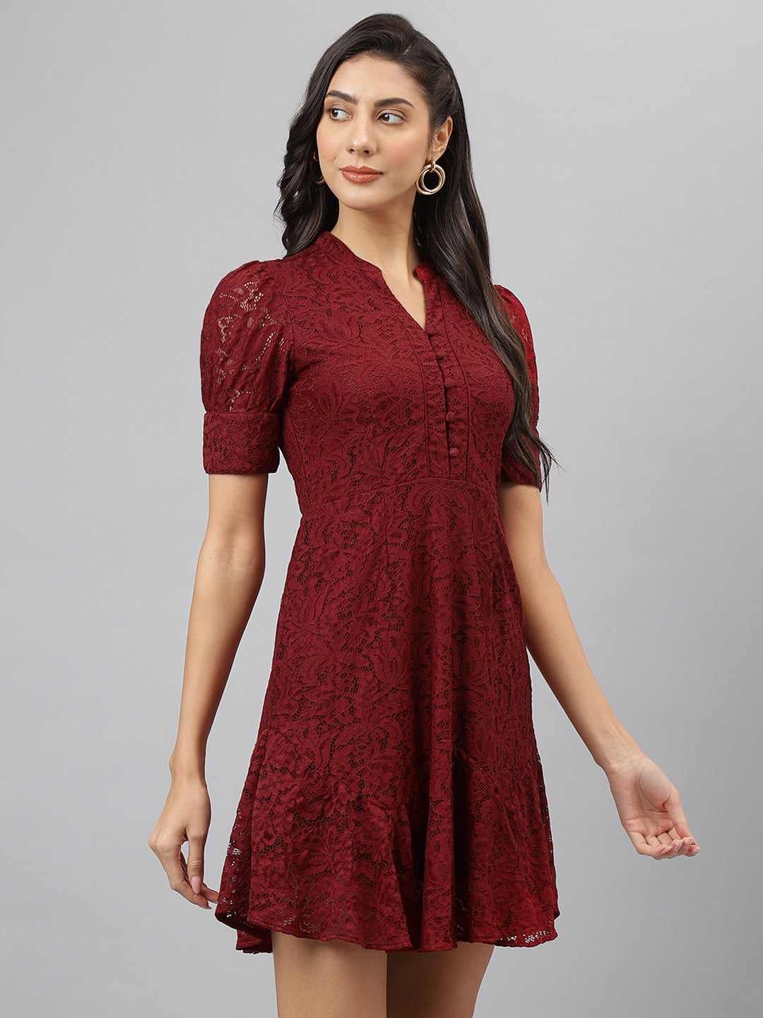 Maroon Solid V Neck Fit & Flare Casual Dress