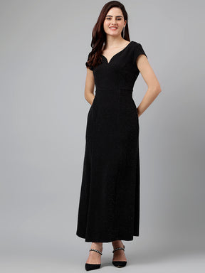 Black Solid Polyester Stretch Maxi Dress