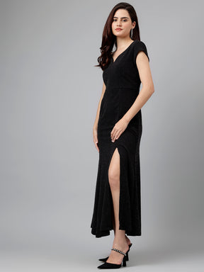 Black Solid Polyester Stretch Maxi Dress