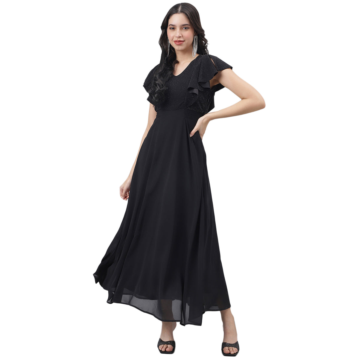 Latin Quarters Women Black Solid Short Sleeve Party Dress