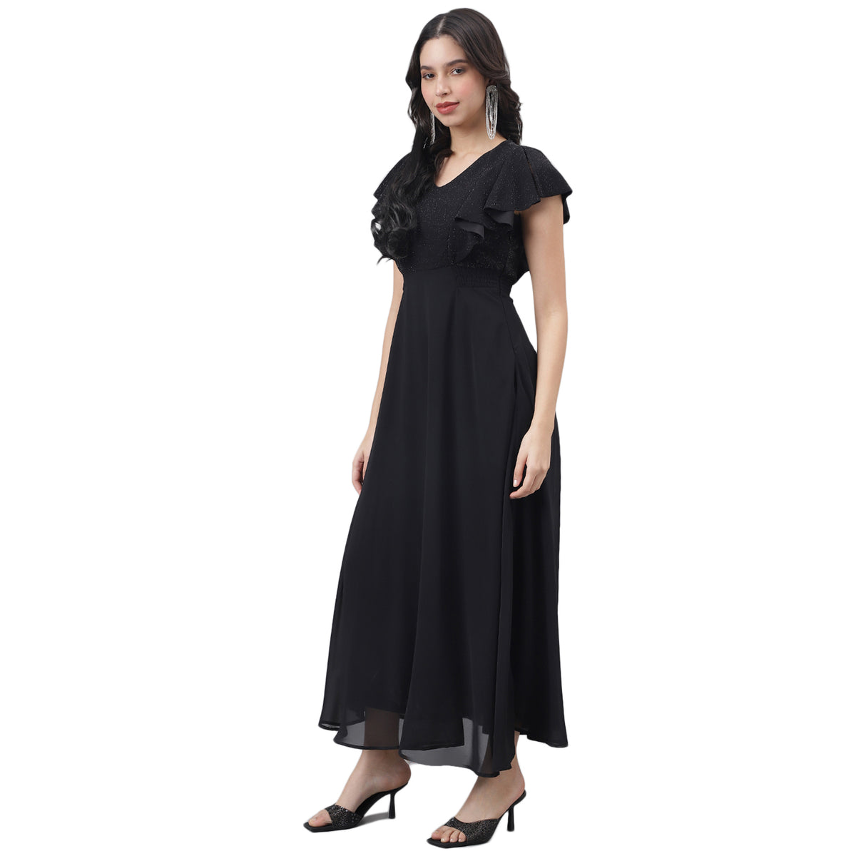 Latin Quarters Women Black Solid Short Sleeve Party Dress