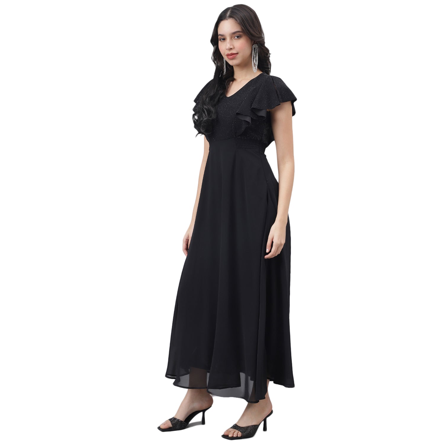 Latin Quarters Women Black Solid Short Sleeve Party Dress