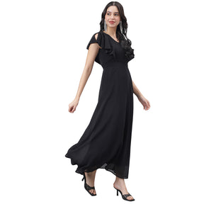 Latin Quarters Women Black Solid Short Sleeve Party Dress