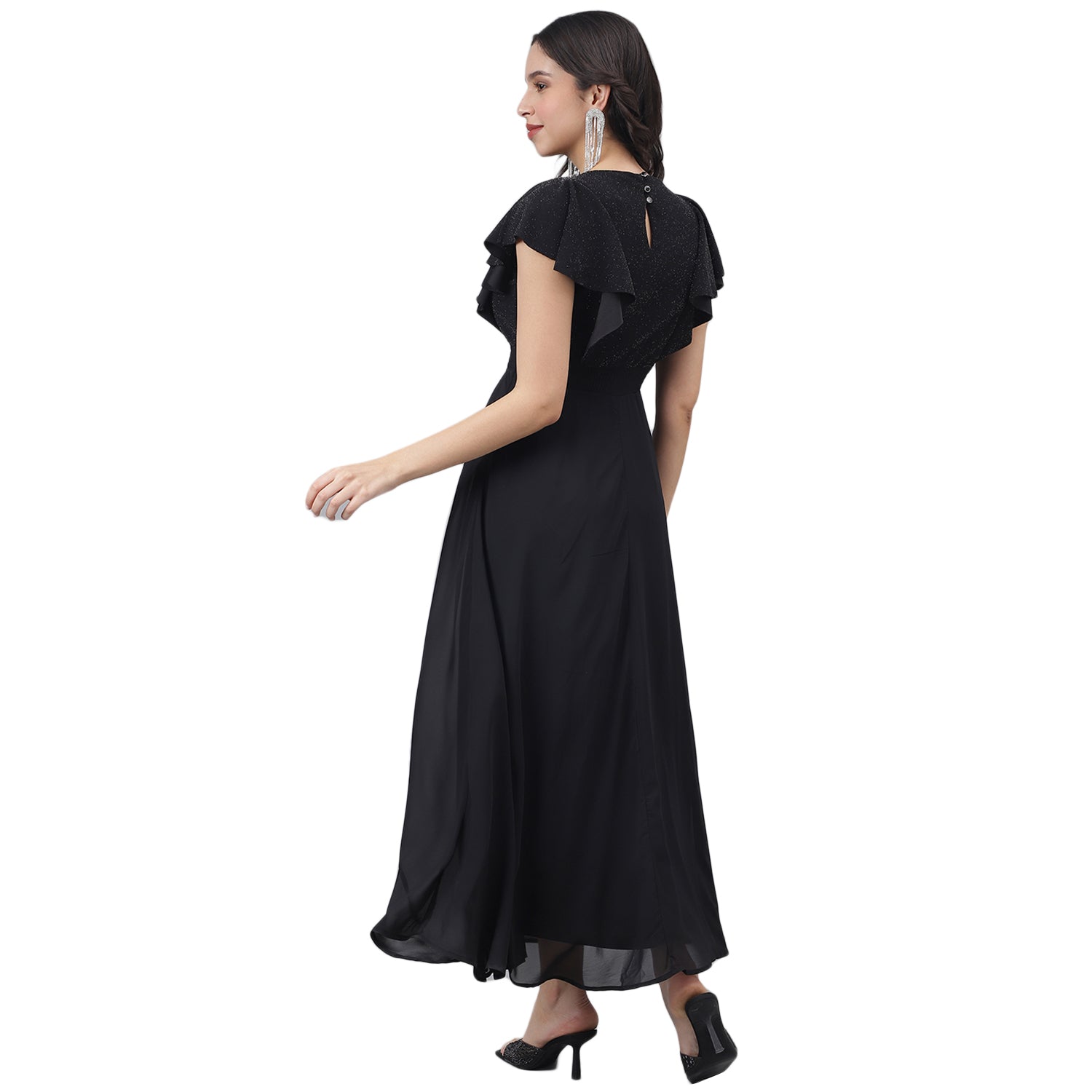 Latin Quarters Women Black Solid Short Sleeve Party Dress