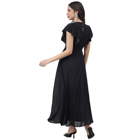 Latin Quarters Women Black Solid Short Sleeve Party Dress