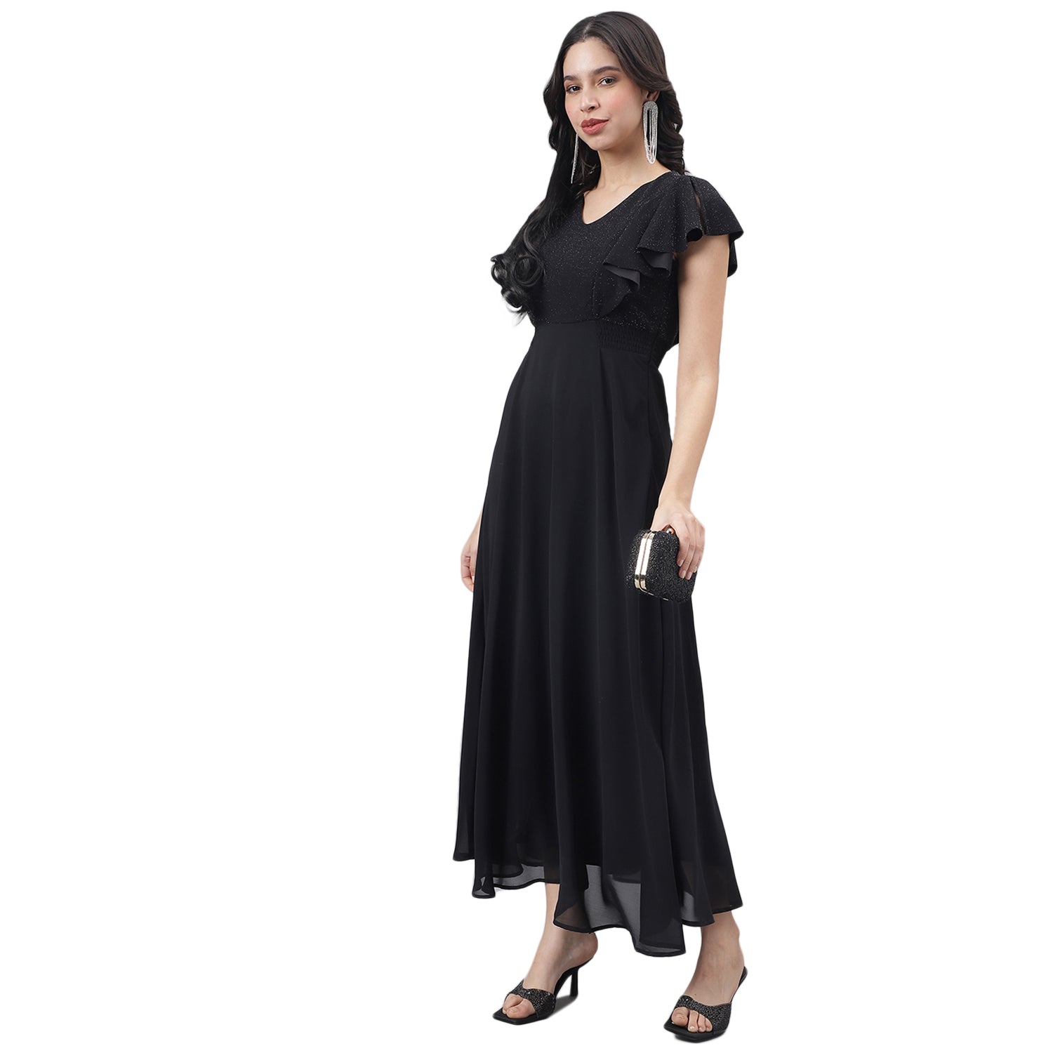 Latin Quarters Women Black Solid Short Sleeve Party Dress
