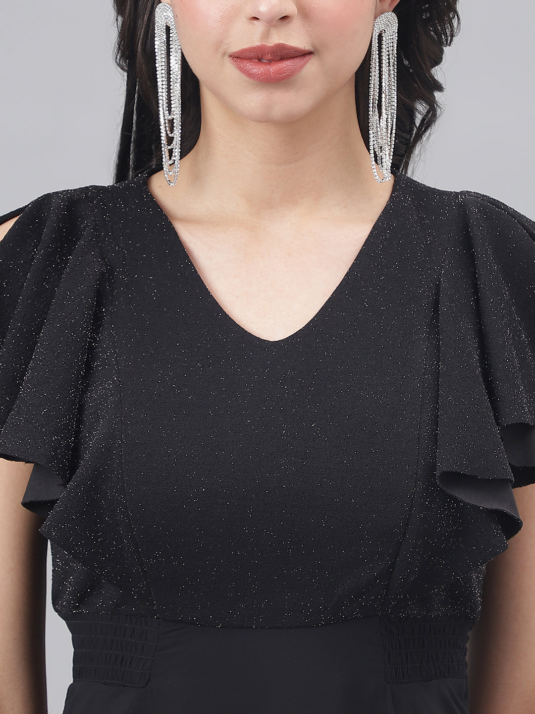 Black Cap Sleeve V-Neck Women Maxi Dress
