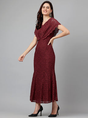 Latin Quarters Women'S Maroon Self Design V-Neck Cap Sleeve Fit & Flare Party Dress