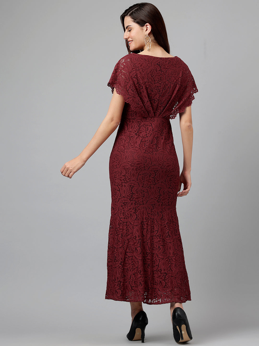 Latin Quarters Women'S Maroon Self Design V-Neck Cap Sleeve Fit & Flare Party Dress