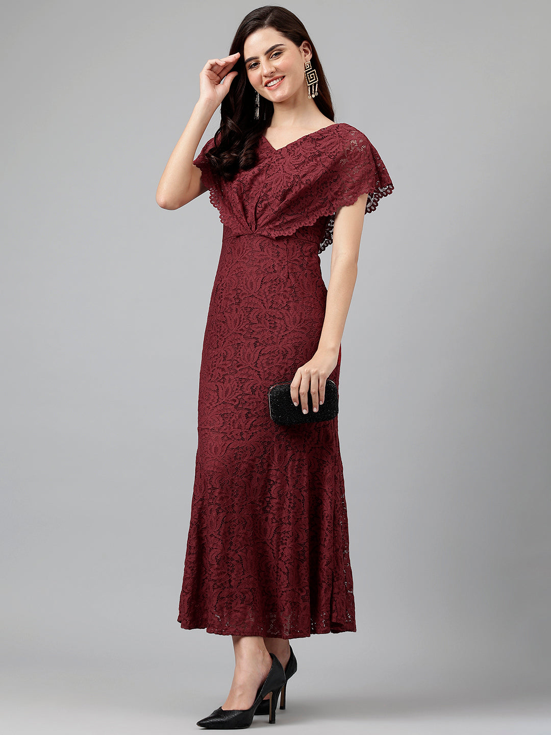 Latin Quarters Women'S Maroon Self Design V-Neck Cap Sleeve Fit & Flare Party Dress