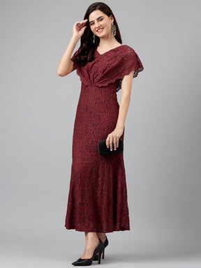 Latin Quarters Women'S Maroon Self Design V-Neck Cap Sleeve Fit & Flare Party Dress