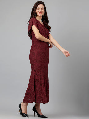 Latin Quarters Women'S Maroon Self Design V-Neck Cap Sleeve Fit & Flare Party Dress