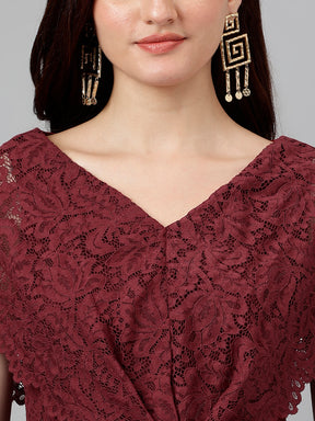 Latin Quarters Women'S Maroon Self Design V-Neck Cap Sleeve Fit & Flare Party Dress