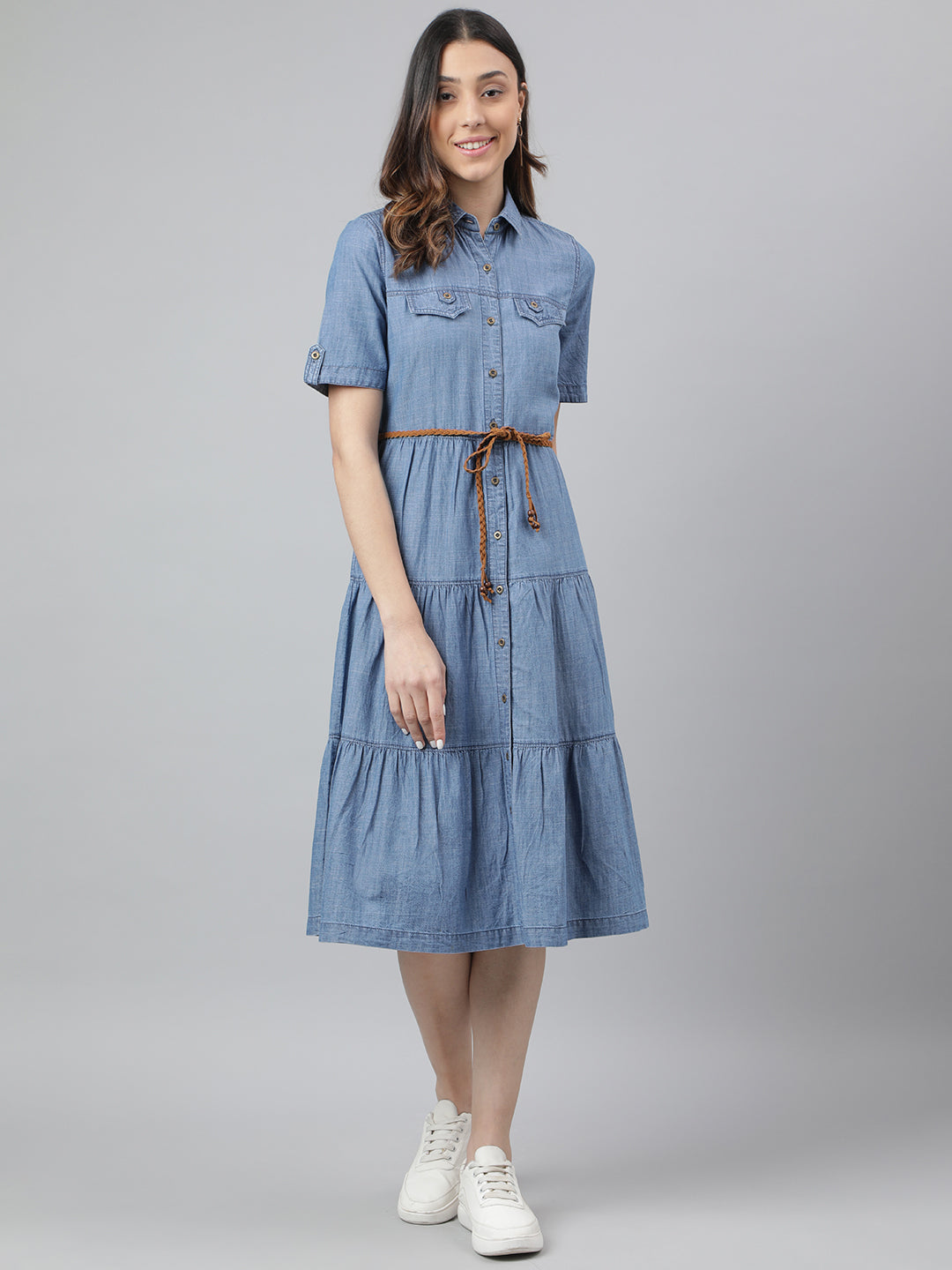 Blue Short Sleeves Shirt Collar Solid Knee Length Dress For Casual Wear