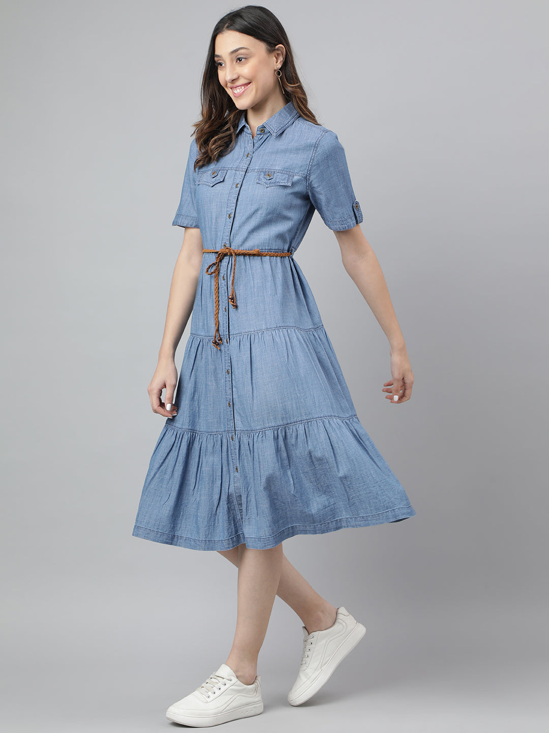 Blue Short Sleeves Shirt Collar Solid Knee Length Dress For Casual Wear