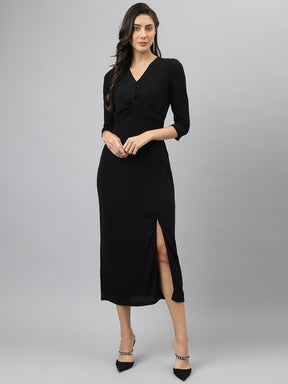 Solid 3/4 Sleeves A-Line Party Dress