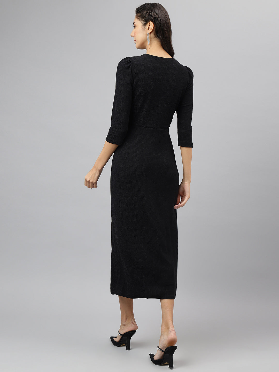 Solid 3/4 Sleeves A-Line Party Dress