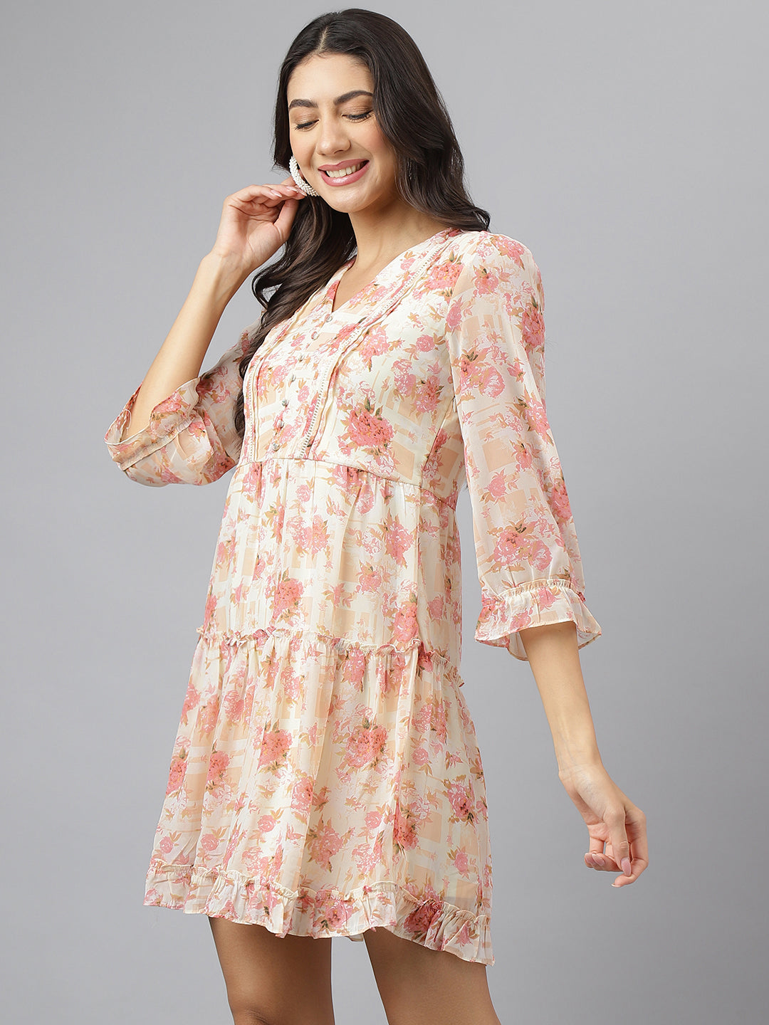 Peach V-Neck Fit & Flare Casual Dress