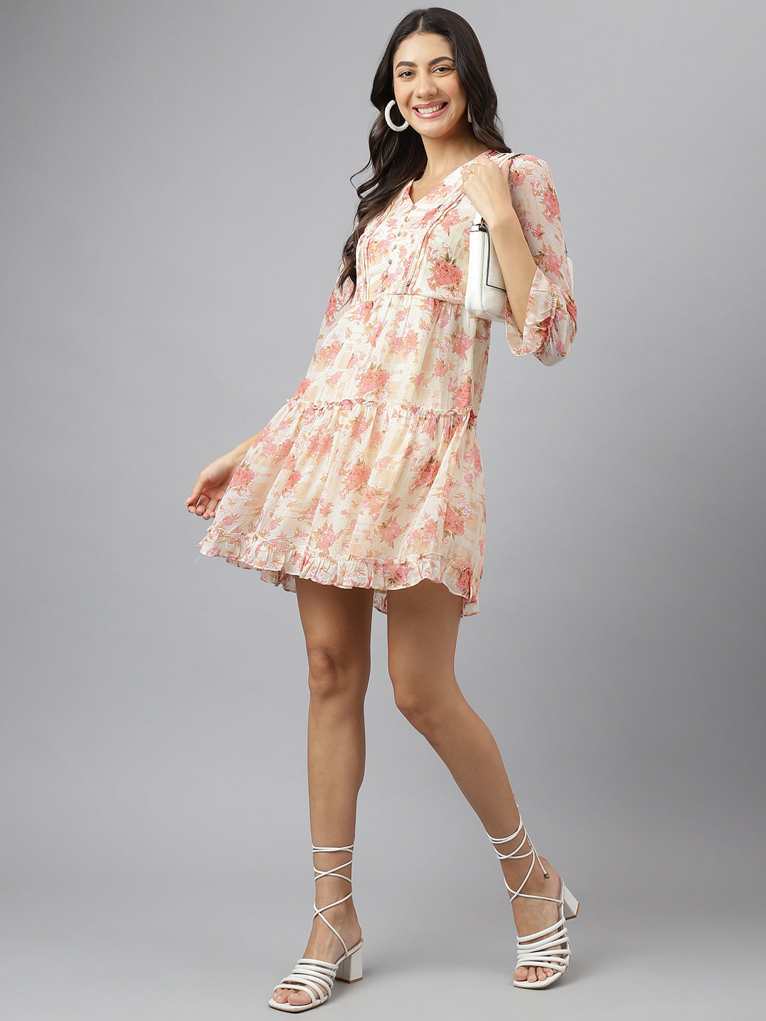 Peach V-Neck Fit & Flare Casual Dress