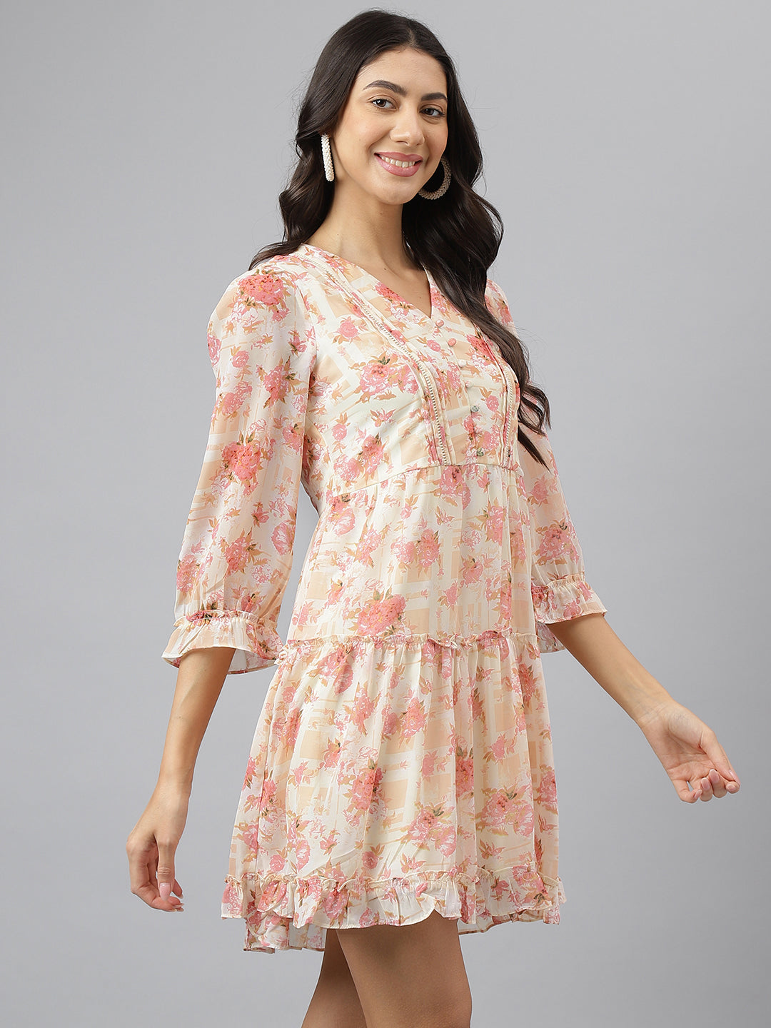 Peach V-Neck Fit & Flare Casual Dress