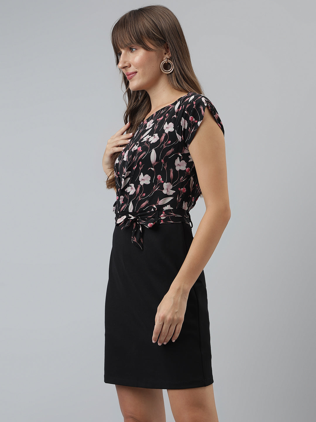 Printed Bodycon Casual Cap Sleeves Black Dress