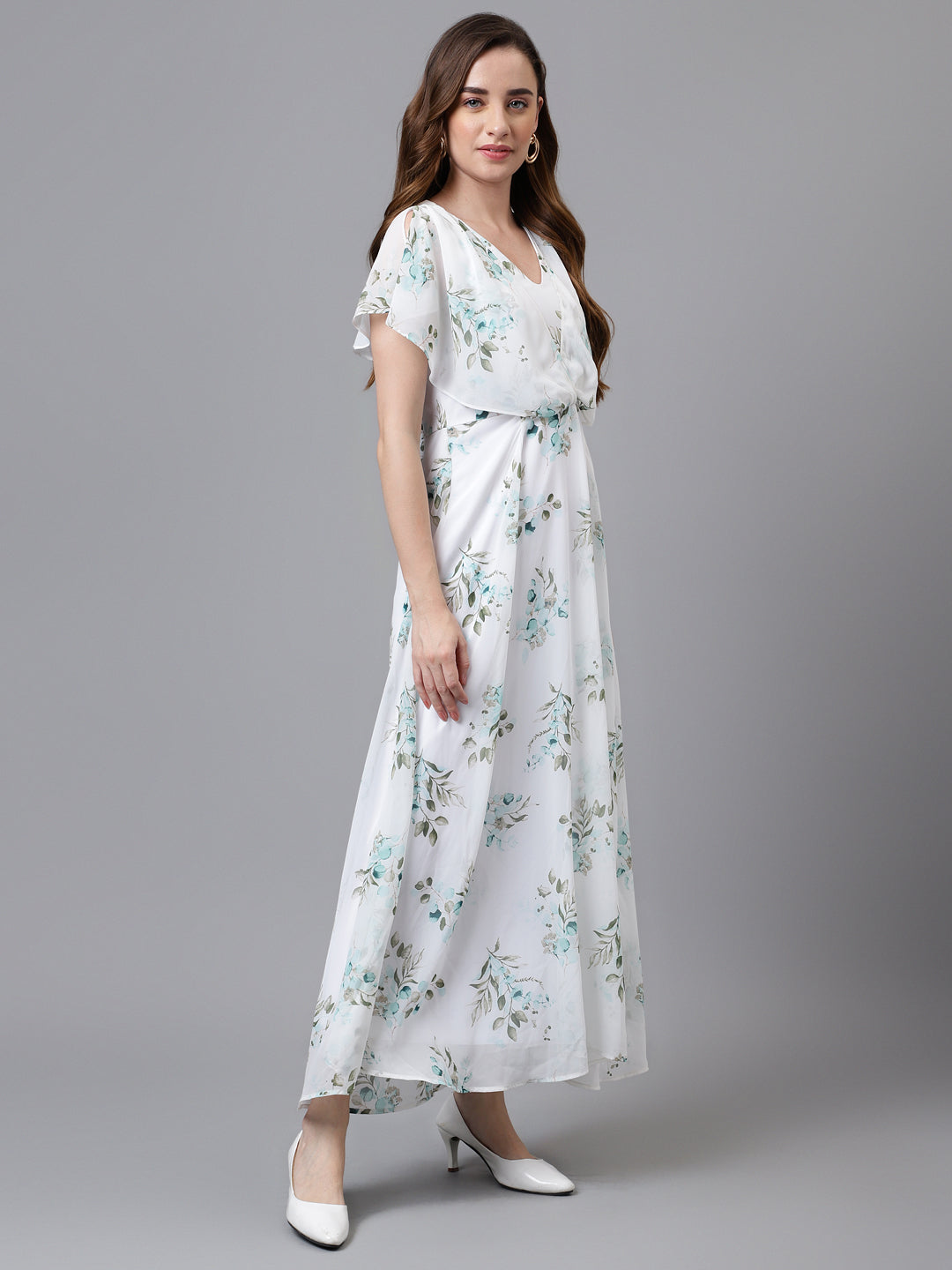 Latin Quarters Women's White Cap Sleeve Printed V-Neck A-Line Casual Dress