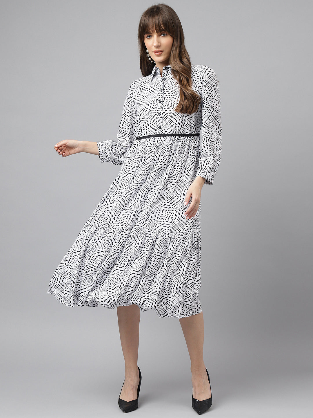 Ivory Shirt Collar 3/4 Sleeves Printed A-Line Dress For Casual Wear