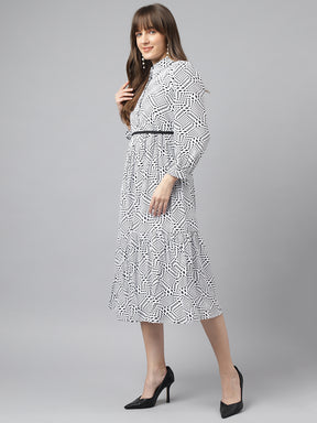 Ivory Shirt Collar 3/4 Sleeves Printed A-Line Dress For Casual Wear