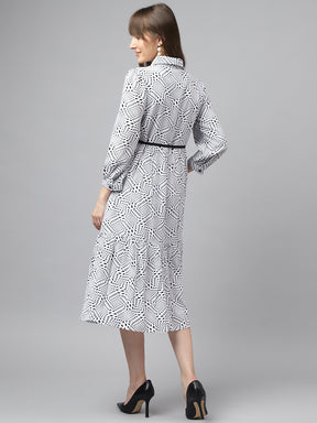 Ivory Shirt Collar 3/4 Sleeves Printed A-Line Dress For Casual Wear