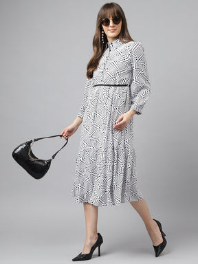 Ivory Shirt Collar 3/4 Sleeves Printed A-Line Dress For Casual Wear