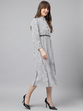 Ivory Shirt Collar 3/4 Sleeves Printed A-Line Dress For Casual Wear