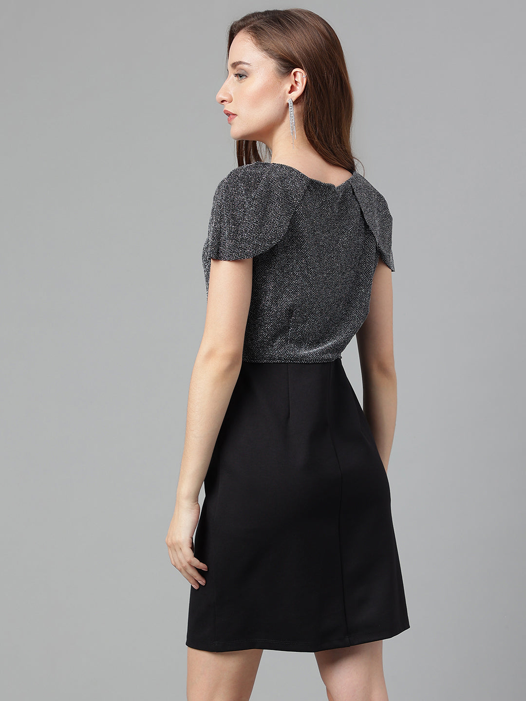 Latin Quarters Women's Silver Cap Sleeves Round Neck Party Embellished Dress