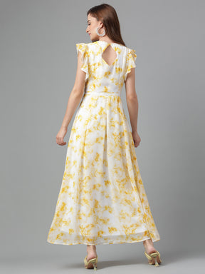 Latin Quarters Women's Yellow Ruffle Sleeve Round Neck Casual Printed Dress