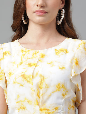 Latin Quarters Women's Yellow Ruffle Sleeve Round Neck Casual Printed Dress