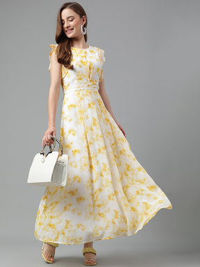 Latin Quarters Women's Yellow Ruffle Sleeve Round Neck Casual Printed Dress