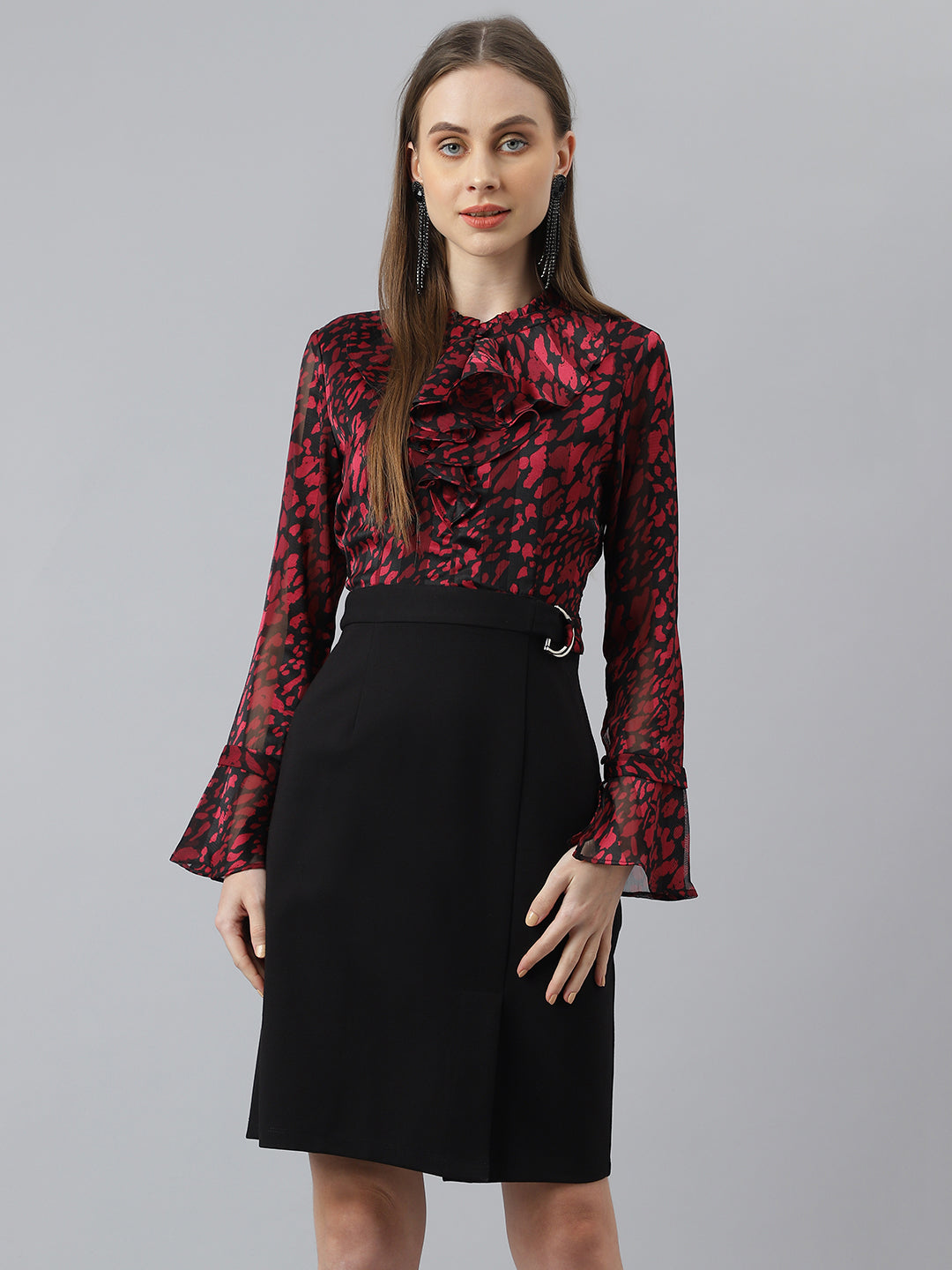 Latin Quarters Women's Maroon Full Sleeves Round Neck Casual Printed Dress