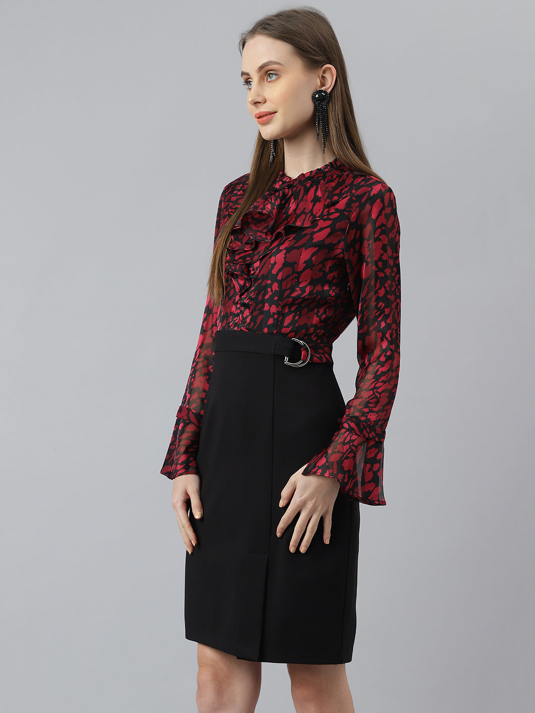 Latin Quarters Women's Maroon Full Sleeves Round Neck Casual Printed Dress