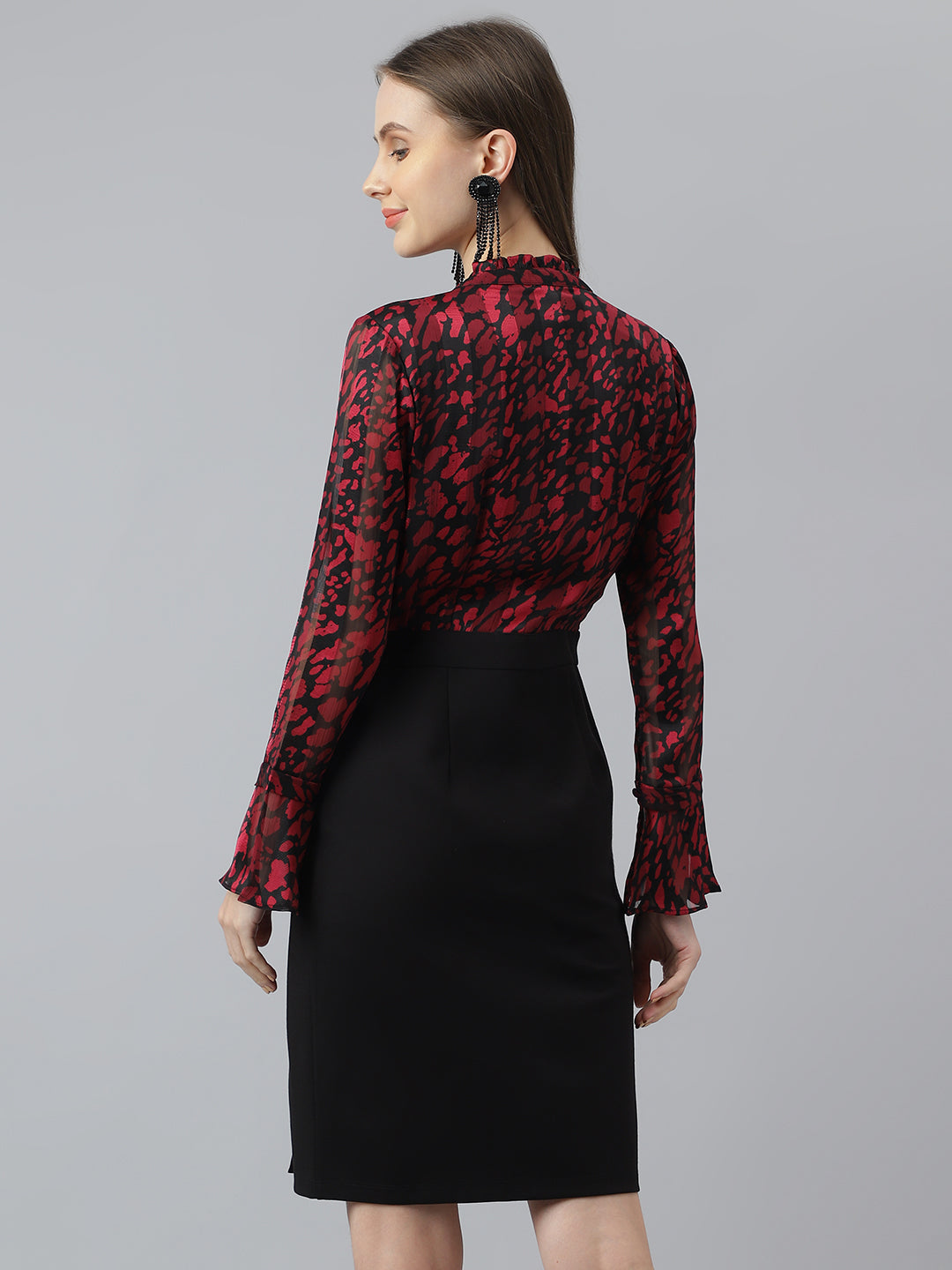 Latin Quarters Women's Maroon Full Sleeves Round Neck Casual Printed Dress