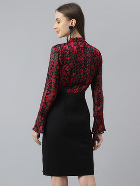 Latin Quarters Women's Maroon Full Sleeves Round Neck Casual Printed Dress